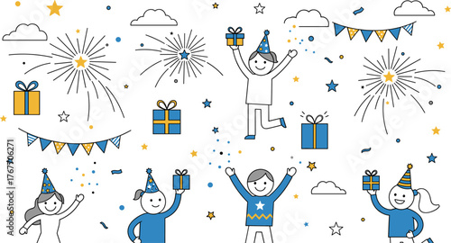 A cheerful illustration depicts a celebratory scene with people, gifts, fireworks, and festive decorations, perfect for conveying joy and special occasions.