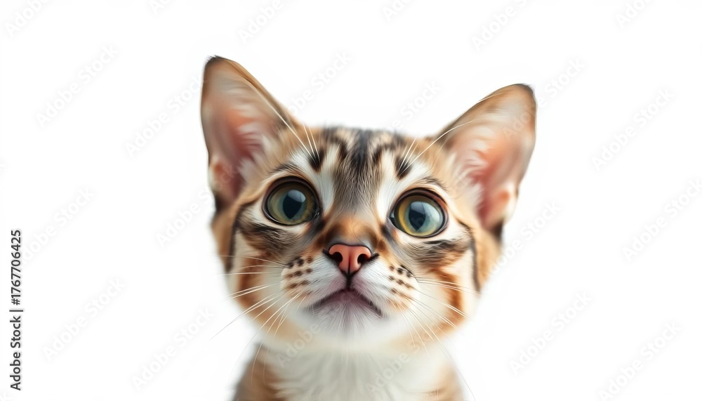 Fototapeta premium A curious cat stares directly at the camera, isolated on a pure white background, portrait, cute