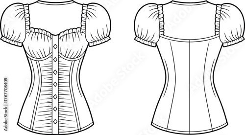 Corset-style women’s blouse fashion sketch, puff sleeve top with square neckline and button front, technical garment construction vector illustration