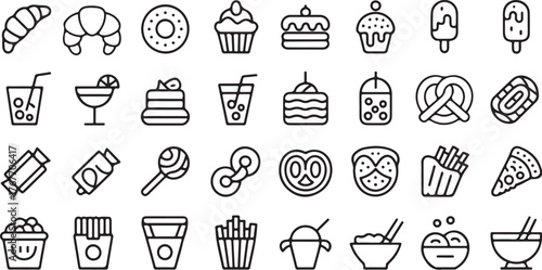 Collection of hand drawn doodle icons representing various sweet and savory food and drink items