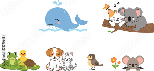 Cartoon animals whale frog turtle duck dog cat bird koala sleeping cute illustration
