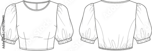 Cropped puff-sleeve blouse technical flat sketch, front and back view, round neckline, fitted cuffs, bust shaping, shirred waist, fashion vector illustration