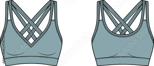 Crisscross strap sports bra vector, V-neck front, wide underband, back view sketch, fashion flat, activewear garment construction illustration