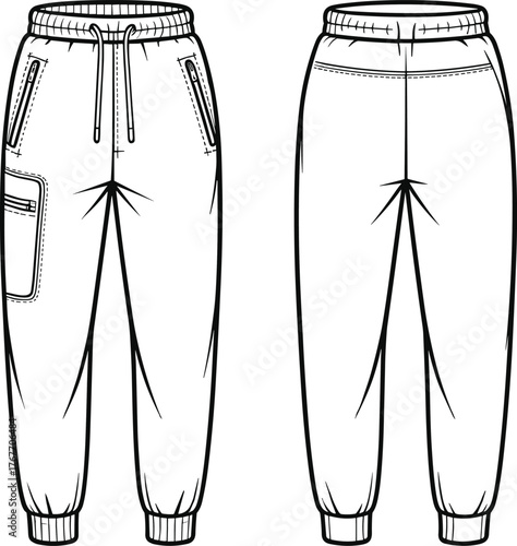 Jogger pants fashion flat, elastic waistband with drawstring, zip pockets, flap patch pocket, front and back garment construction sketch illustration