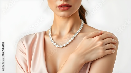 4K photographic portrait, exotic woman with soft pink and beige attire, luxurious diamond tennis bracelet draped around her neck, pristine white background, soft contrast, soft saturation.