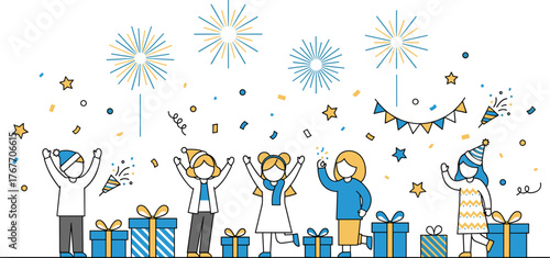 Joyful celebration with people, gifts, fireworks, and confetti, creating a festive atmosphere for a happy event or holiday season with decorative elements.