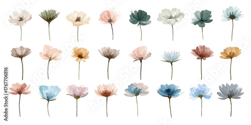 Collection of delicate artificial flowers in various soft pastel colors and textures on white background