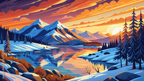 Very beautiful, winter sunset at Chatfield, panoramic view of Chatfield Reservoir at the foothills of the Front Range of Rocky Mountains, Chatfield State Park, Littleton, Colorado, USA, with golden  