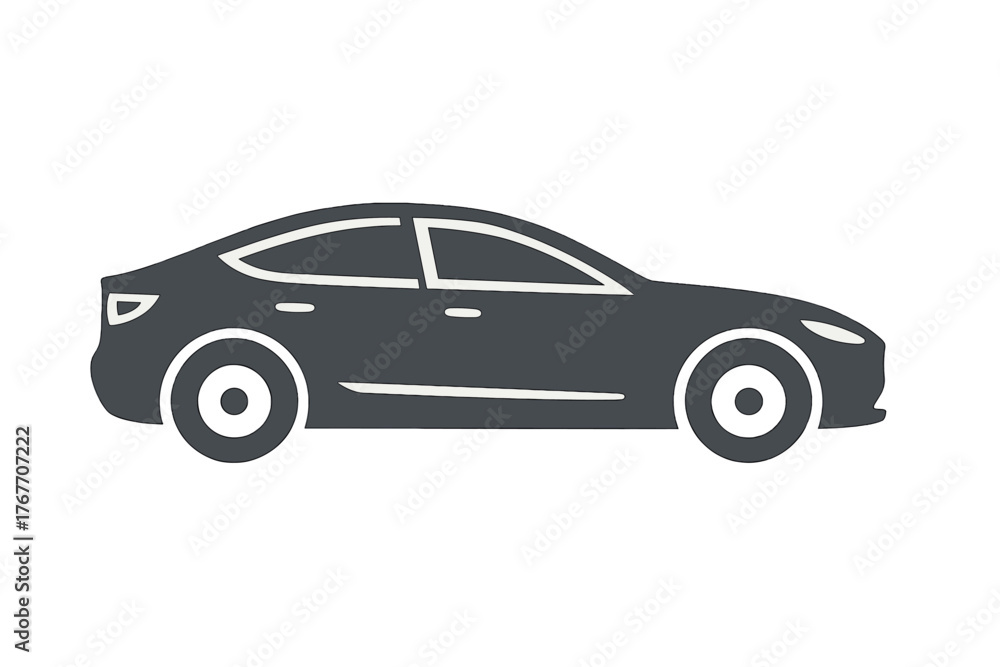 Fototapeta premium Stylized side profile silhouette of a modern electric sedan or coupe car in dark gray