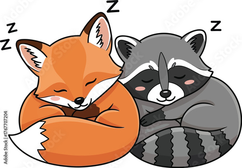 Sleeping fox sleeping raccoon cartoon cute cuddly animals friendship rest nap