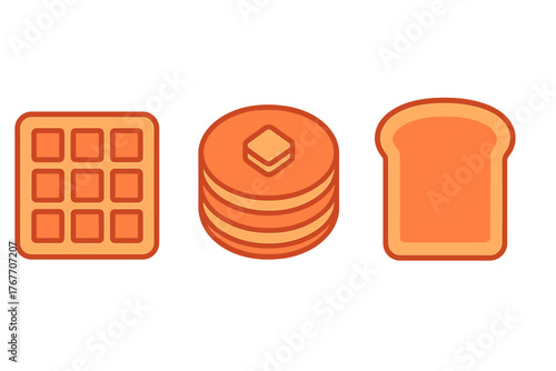 Waffle, stacked pancakes with butter, and toast slice on white background