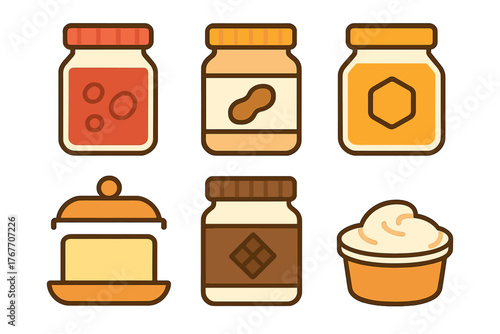 Collection of flat design icons depicting sweet and savory breakfast spreads and condiments like jam and honey