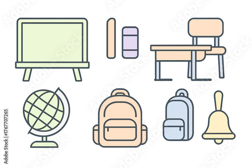 Essential set of academic supplies including chalkboard, desk, globe, and backpacks for classroom study