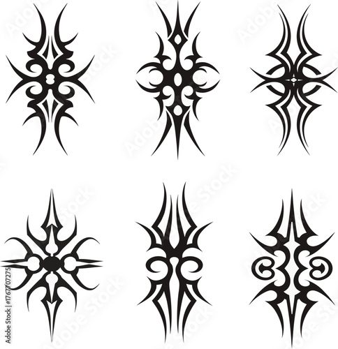 Collection of six different tribal tattoo designs in black and white