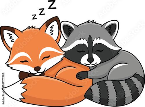 Sleeping fox sleeping raccoon cartoon cute animal friendship cuddling zzz rest