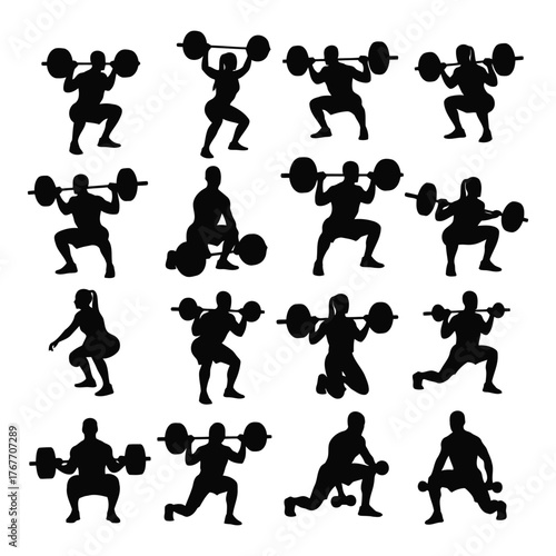 Weightlifting silhouettes various exercises performed by male and female athletes