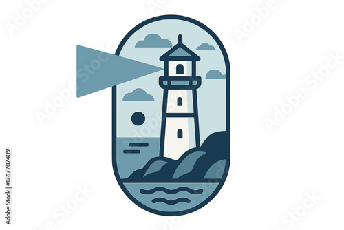 Coastal lighthouse structure shining a beacon light over dark ocean waves and rocky shoreline