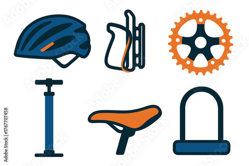 Collection of essential bicycle accessories including helmet, pump, saddle, and lock