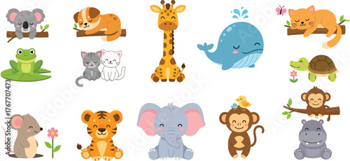 Cute animals cartoon illustration vector wildlife nature zoo animal set art