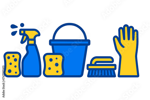 Essential household cleaning supplies set: spray bottle, sponges, bucket, scrub brush, and protective rubber glove