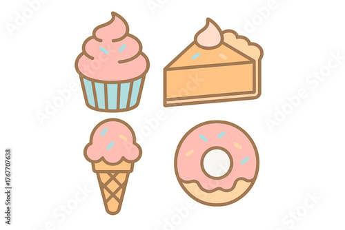 Delicious assortment of sugary treats featuring a cupcake, pie, ice cream cone, and glazed donut