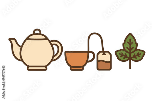 Set of tea preparation icons including teapot, teacup, teabag, and fresh herbal leaf