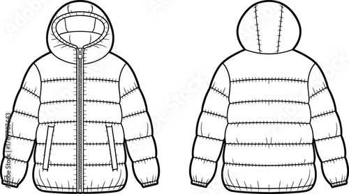 Black and white fashion sketch of hooded puffer jacket, front and back view, quilted sections, zipper closure, elastic cuffs, vector template