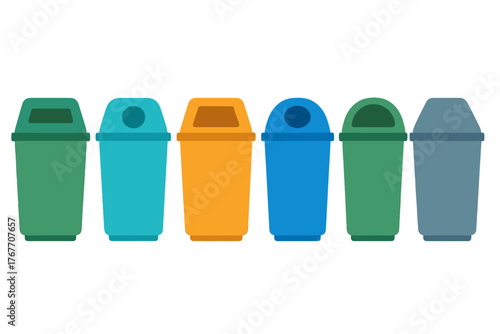 Six brightly colored garbage cans and recycling receptacles for waste sorting