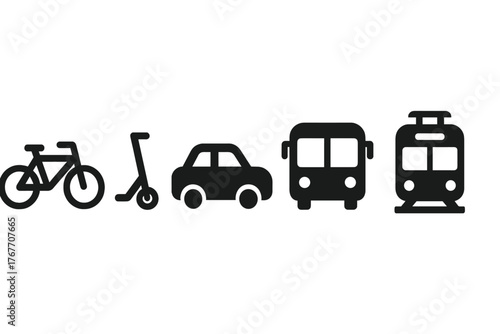 Black silhouette icons of urban transportation modes: bicycle, scooter, car, bus, and tram