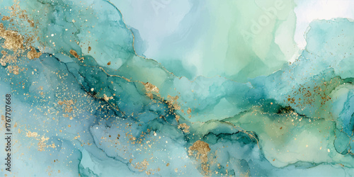 Abstract watercolor painting with flowing organic shapes in shades of teal blue and green