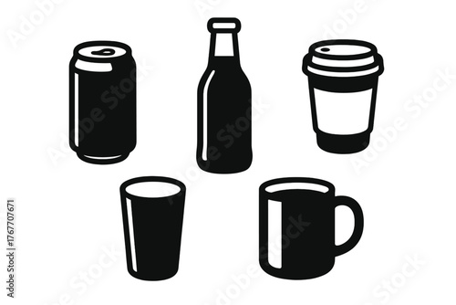 Collection of common beverage containers and drinkware silhouettes in black and white