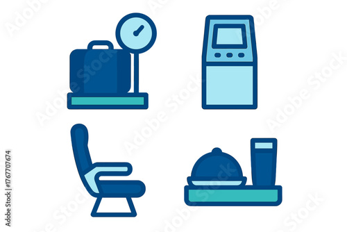 Baggage scale, check-in kiosk, passenger seat, and airline meal tray symbols for airport travel services