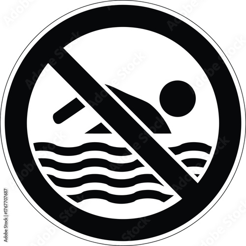 Red Warning Sign Vector [NO CONTENT FOUND]Black and White **No Black and White No Swimming Prohibition Circle Vector Sign: A crossed-out figure swimming in waves, indicating a restricted water area.