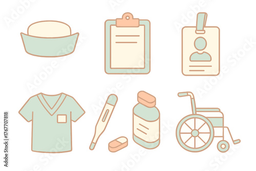 Essential medical and nursing equipment including scrubs uniform, wheelchair, thermometer, and patient clipboard