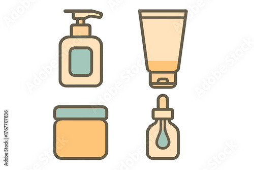 Minimalist set of cosmetic product containers for skincare and beauty routines