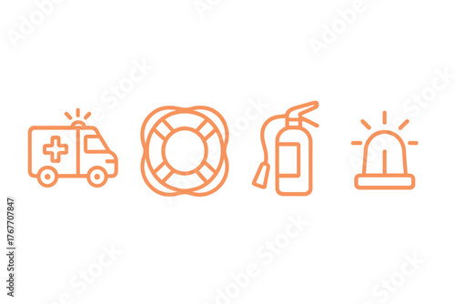 Ambulance, life preserver, fire extinguisher, and alarm light symbols for safety and emergency response