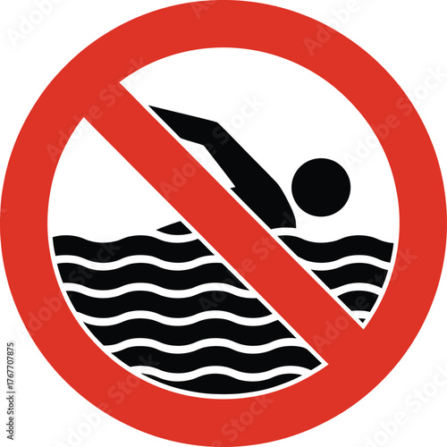  No Swimming Prohibition Circle Vector Sign: A crossed-out figure swimming in waves, indicating a restricted water area.