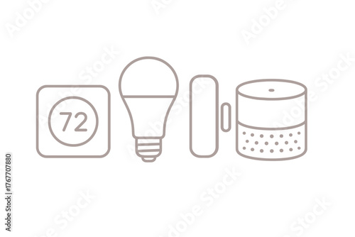 Modern smart home automation devices including thermostat, LED bulb, sensor, and voice speaker