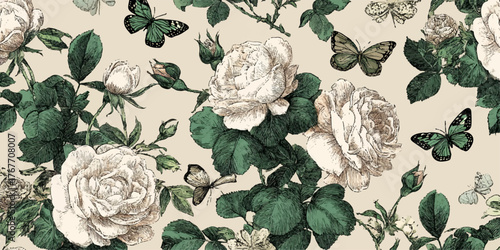 Vintage botanical pattern featuring delicate white roses and fluttering butterflies on a muted background