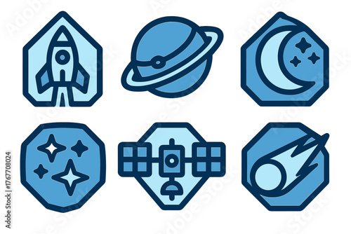 Blue space exploration and astronomy icons including rocket, Saturn, moon, stars, and comet