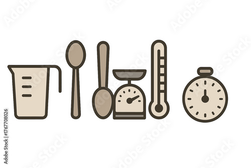 Essential kitchen measurement tools set featuring a scale, timer, measuring cup, and spoons