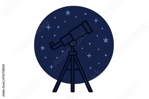 Telescope on a tripod observing the starry night sky in a circular dark blue frame