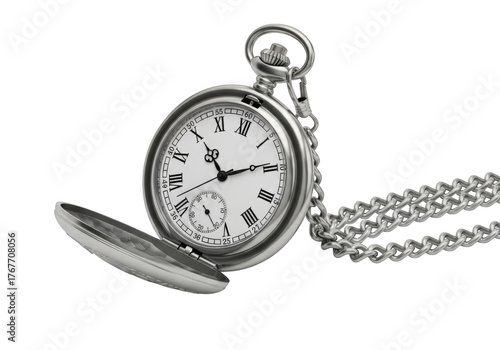 An antique silver pocket watch with roman numerals, showcasing its timeless elegance and intricate design isolated on transparent background