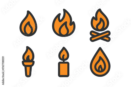 Six orange and black icons representing fire, flame, burning candle, torch, and campfire symbols