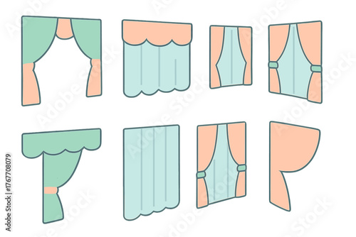 Set of various window curtains and drapes in pastel colors for interior design elements