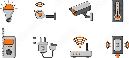 A set of smart home technology icons, including light bulbs, security cameras, thermostats, and wireless routers, designed with a modern, minimalist aesthetic.