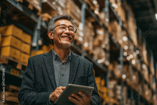 Asian businessman wearing glasses and suit standing smiling a happy holding tablet stand in a warehouse of background with copy space.