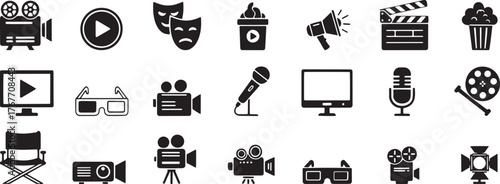 Retro cinema marquee sign design with spotlight and film reel elements