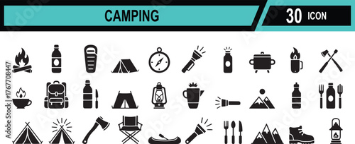 Illustrative vector design of a camping scene with tent trees and mountains in vibrant colors