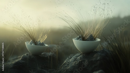 Porcelain bowls with grass and stones in a minimalist composition